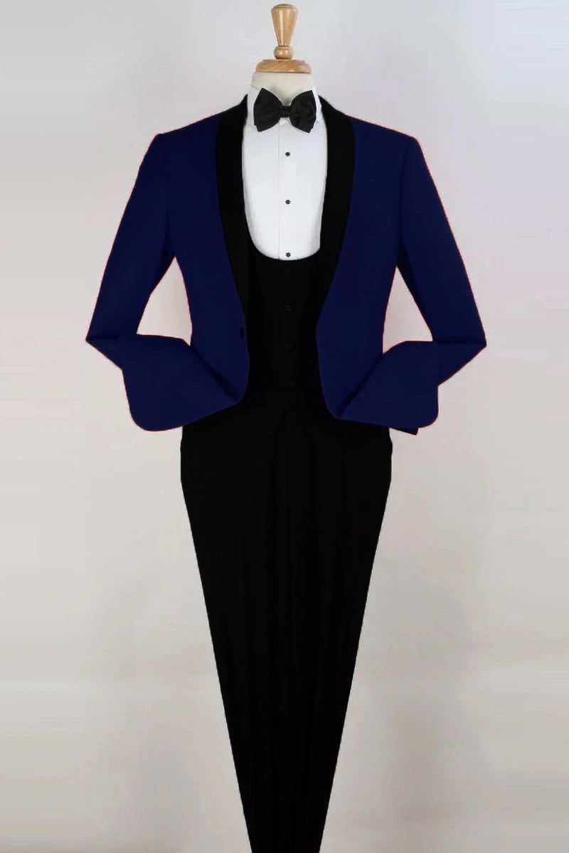 Traje de gala azul con chaleco y solapa en pico para hombre: Elegancia inigualable.