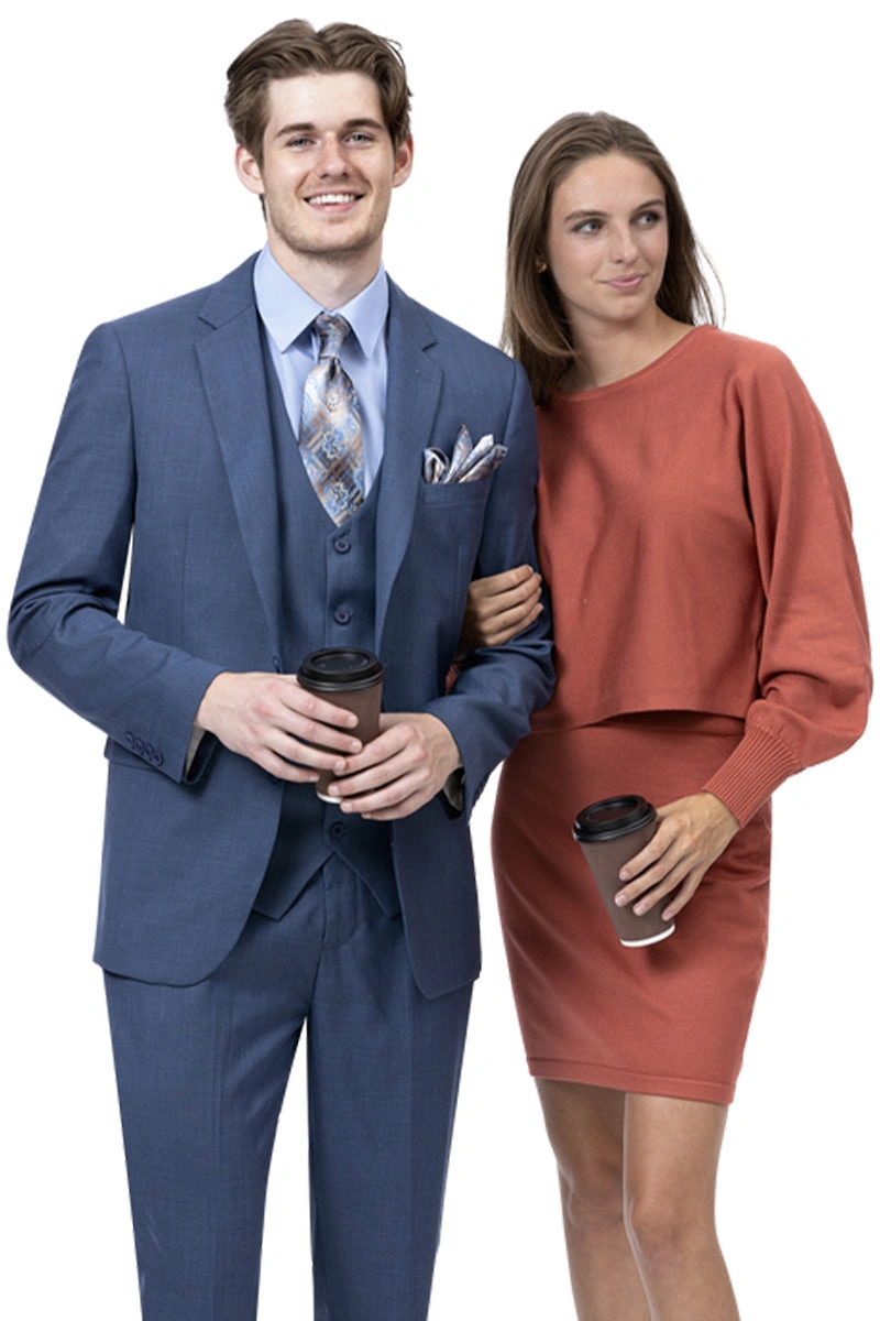 Traje de negocios moderno azul medianoche, tres piezas, corte impecable, estilo tiburón, perfecto para el éxito.